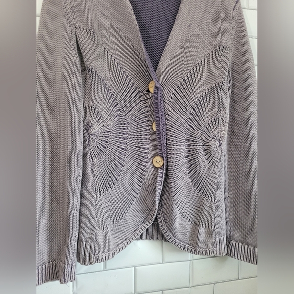 Isabella Bird Knit Purple Lavender Cable Knit Cardigan 100% Cotton Wooden Button - Picture 2 of 5